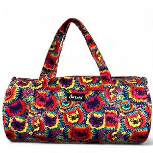 Cat Lady Tie-Dye Duffle Bag Mult-Color Zipper Canvas Double Handle Handbag